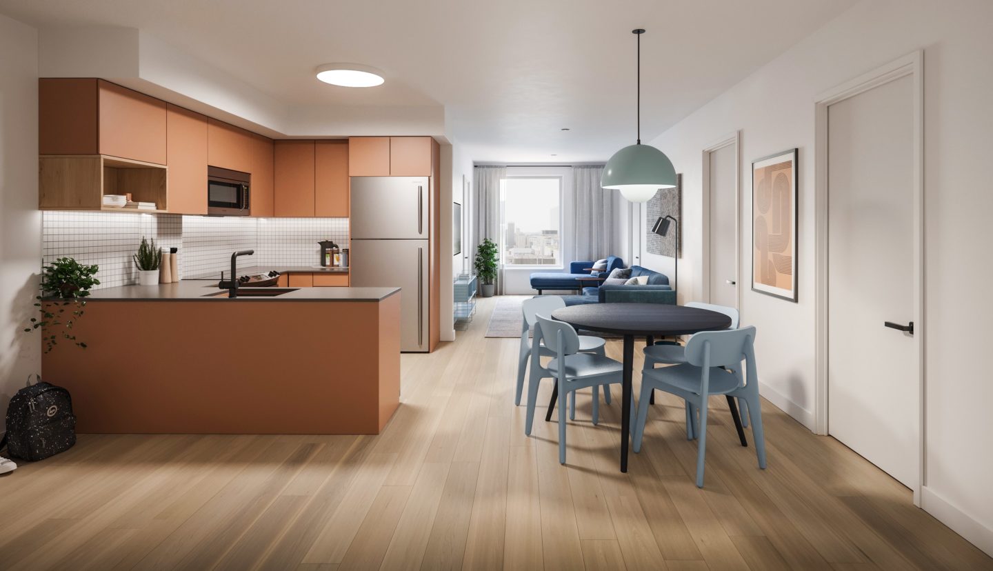 Student apartment kitchen and blue living room