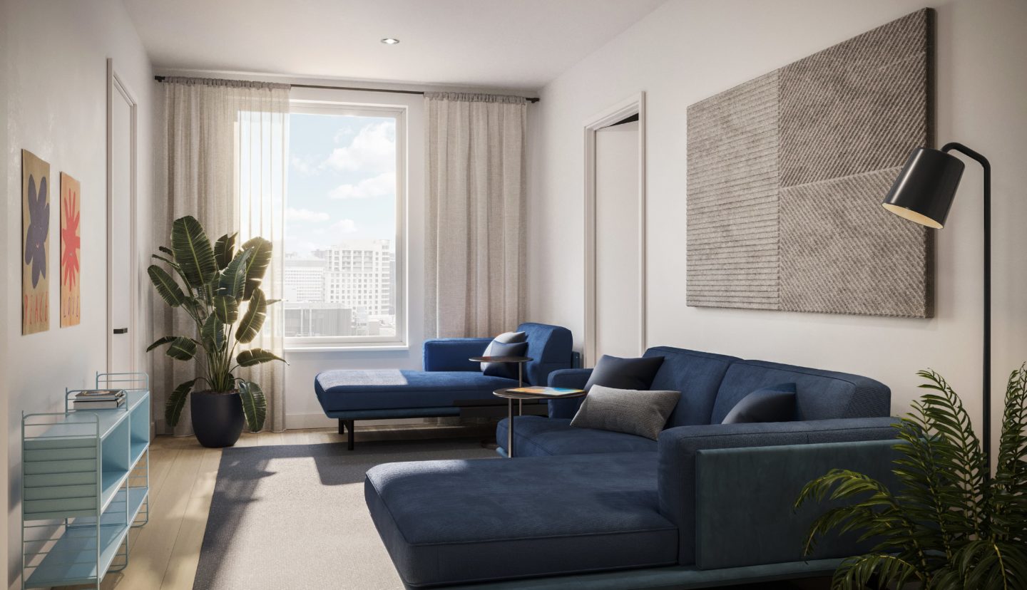 Student apartment blue living room