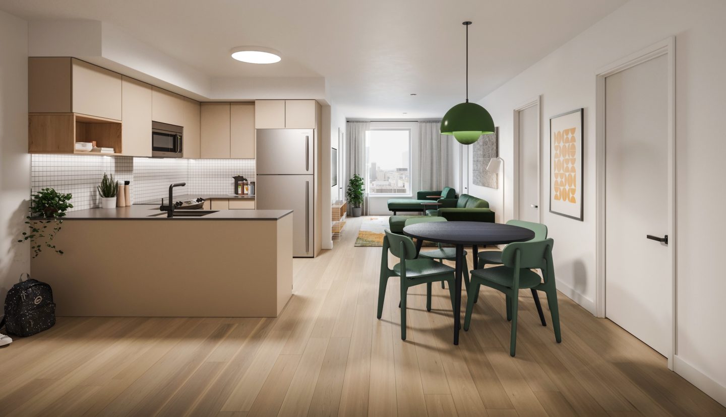 Student apartment warm beige kitchen and green living room