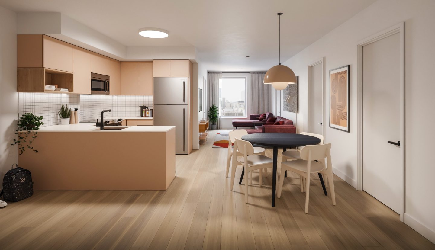 Student apartment peach kitchen and a red living room