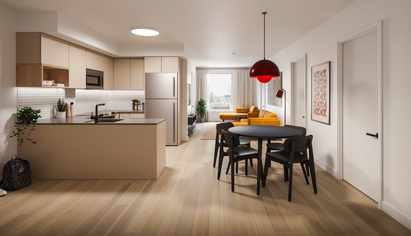 Student apartment warm beige kitchen and yellow living room