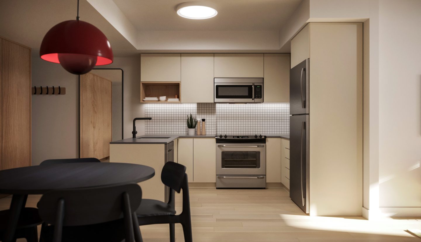 Yellow student apartment colourway kitchen with red light fixture